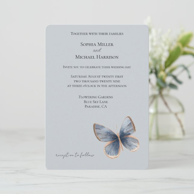Faux Blue Denim Butterfly Wedding Invitation (Standing Front)