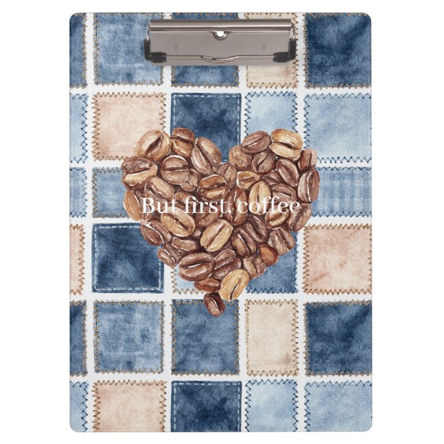 Faux Blue Denim Cream First Coffee Beans Heart Clipboard (Front)