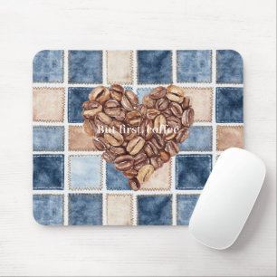 Faux Blue Denim Cream First Coffee Beans Heart Mouse Pad
