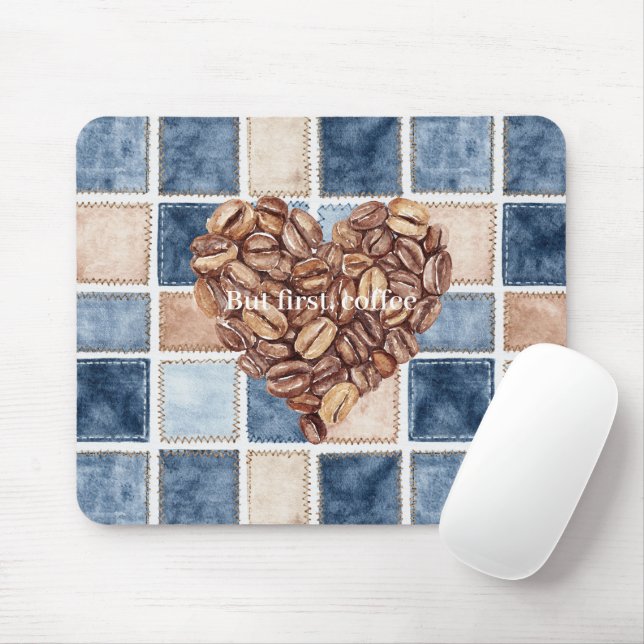 Faux Blue Denim Cream First Coffee Beans Heart Mouse Pad (With Mouse)