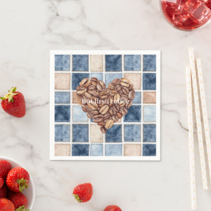 Faux Blue Denim Cream First Coffee Beans Heart Napkin