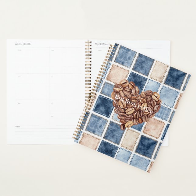 Faux Blue Denim Cream First Coffee Beans Heart Planner (Display)