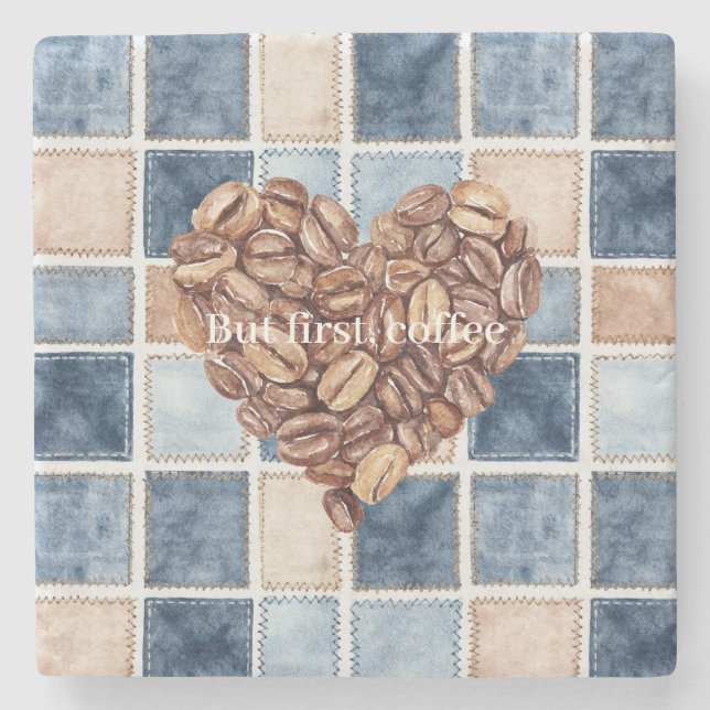 Faux Blue Denim Cream First Coffee Beans Heart Stone Coaster (Front)