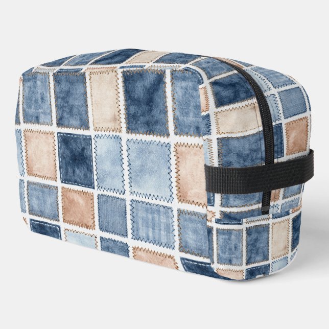 Faux Blue Denim & Cream Squares Dopp Kit (Left Corner)