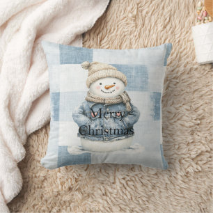 Faux Blue Denim Snowman Christmas Cushion