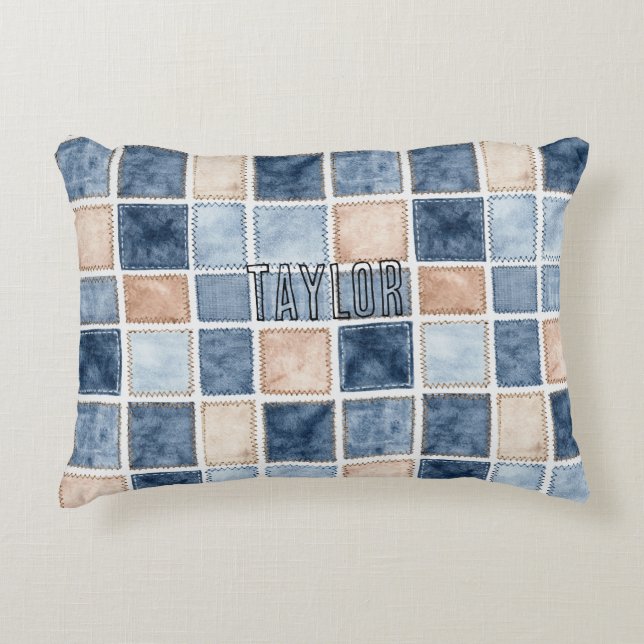 Faux Blue Glitter Cream Denim  Decorative Cushion (Front)
