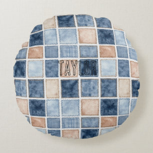 Faux Blue Glitter Cream Denim  Round Cushion
