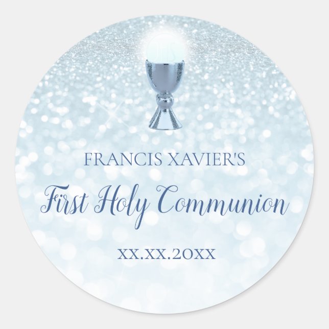 FAUX blue glitter First Communion Classic Round Sticker (Front)