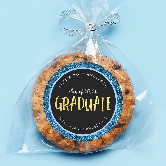 Faux Blue Glitter Graduate Graduation Classic Round Sticker (Creator Uploaded)