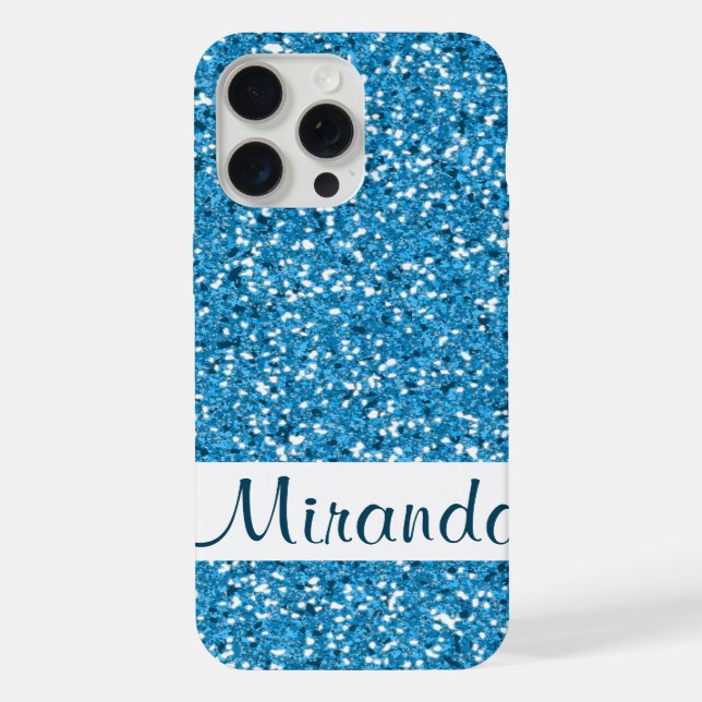 Faux Blue Glitter Pattern Look-like & Name iPhone Case (Back)