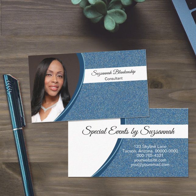 Faux Blue Glitter Professional Custom Photo Business Card (Creator Uploaded)