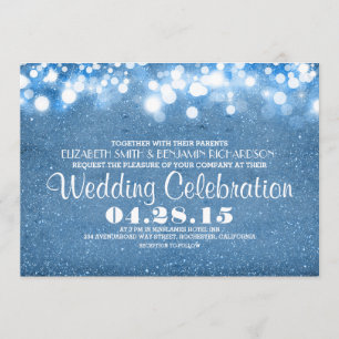 faux blue glitter string lights wedding invitation