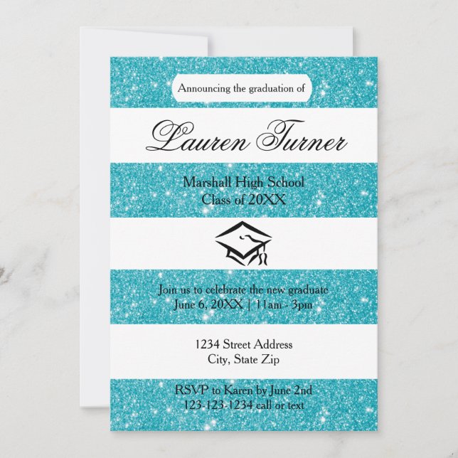 Faux Blue Glitter Stripe - Grad Announcement (Front)
