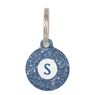 Faux Blue Glitter Texture Look And Custom Monogram Pet Tag
