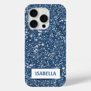 Faux Blue Glitter Texture Look With Custom Name iPhone 15 Pro Case