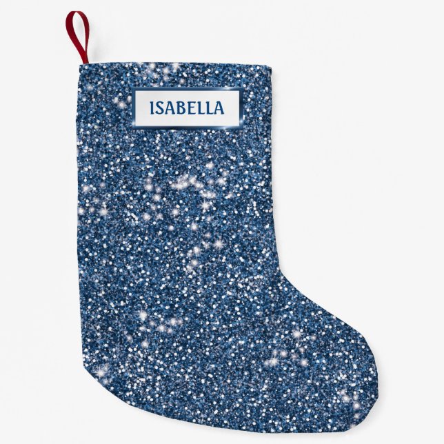 Faux Blue Glitter Texture Look With Custom Name Small Christmas Stocking (Front)