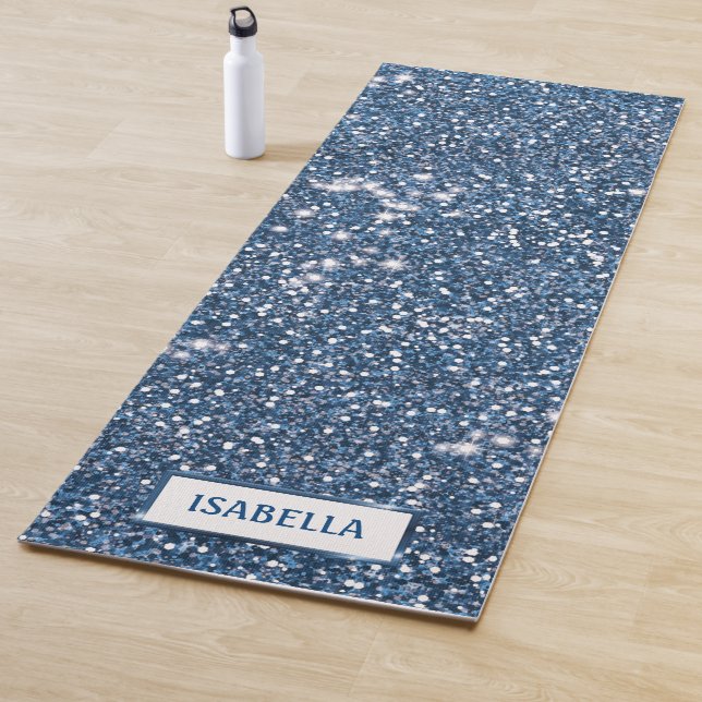 Faux Blue Glitter Texture Look With Custom Name Yoga Mat (In Situ)