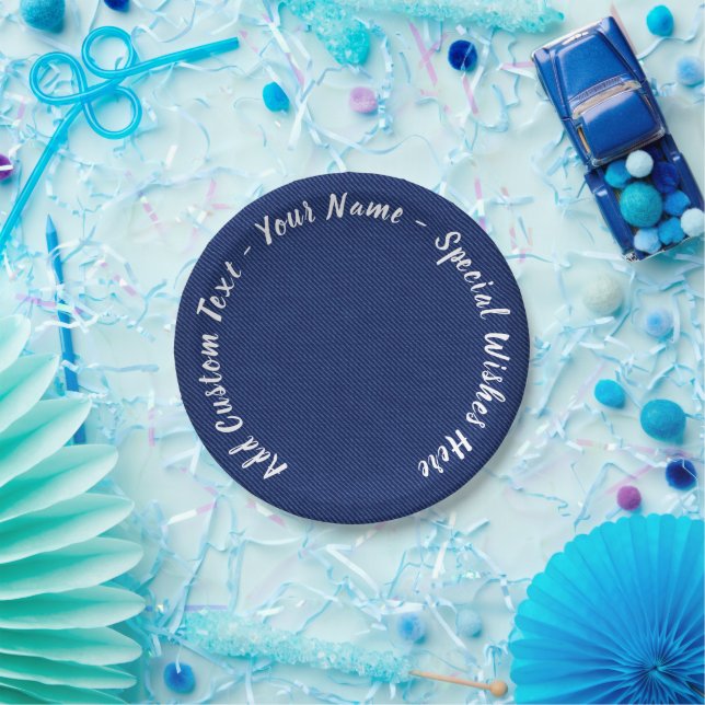 Faux Blue Jeans Paper Plates with Custom Text Name (Party)