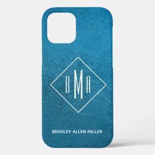 Faux Blue Leather White Monogram Personalised iPhone 12 Case