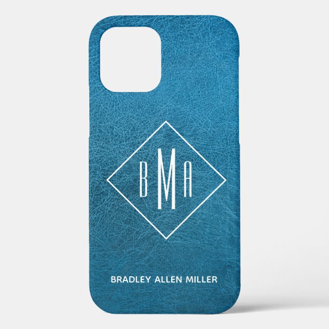 Faux Blue Leather White Monogram Personalised Case-Mate iPhone Case (Back)