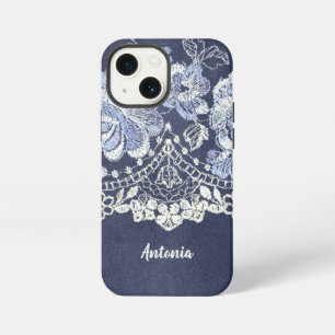Faux Blue Velvet and Simulated Lace Embroidery iPhone 13 Mini Case