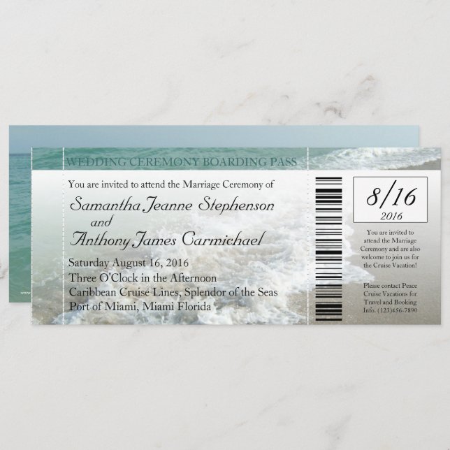 Faux Boarding Pass Beach Wedding Ticket Invitation (Front/Back)
