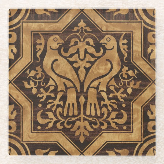 Faux Bois Mediaeval Birds Glass Coaster (Front)