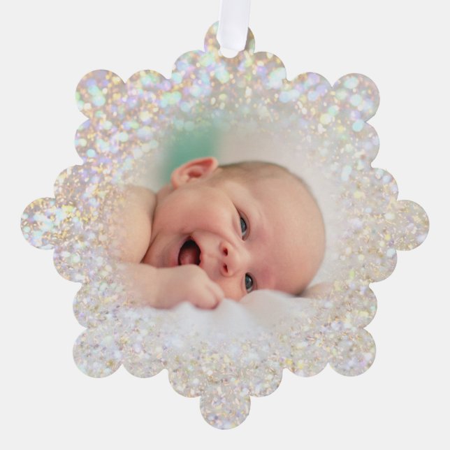 faux bokeh glitter baby photo tree decoration card (Front)