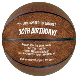 Faux Brown Leather Birthday Party Invite Basketball