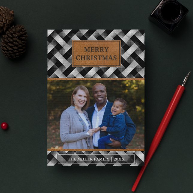 Faux Brown Leather Black Buffalo Plaid Christmas Holiday Card (Creator Uploaded)