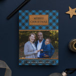Faux Brown Leather Blue Buffalo Plaid Christmas Holiday Card<br><div class="desc">Send your family and friends a unique plaid theme holiday card with your favourite family photo. Flip the card over to reveal a faux leather texture on the back of the card.</div>