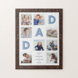 Faux Brown Leather Frame Dad Photo Collage Jigsaw Puzzle<br><div class="desc">Send a beautiful personalised puzzle to your dad that he'll cherish forever. Special personalised photo collage puzzle to display your own special family photos and memories. Our design features a simple 8 photo collage grid design with "dad" letters displayed in the grid design. Each photo is framed with a simple...</div>