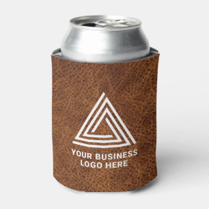 Faux Brown Leather Modern Business Logo Can Cooler