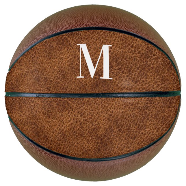 Faux Brown Leather Modern Monogram Basketball (Front)