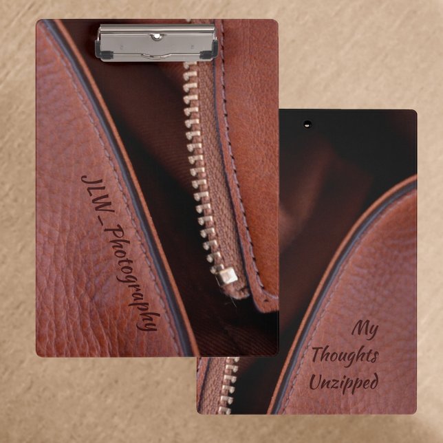 Faux Brown Leather Thoughts Unzipped Personalised Clipboard (Creator Uploaded)