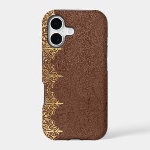 Faux Brown Vintage Leather Gold Floral Border