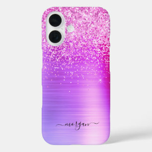 Faux Brushed Purple Metal, Glitter, Script Name iPhone 16 Case