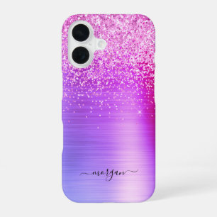 Faux Brushed Purple Metal, Glitter, Script Name iPhone 16 Case