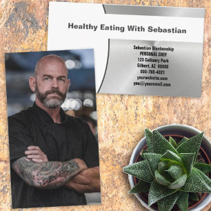 Faux Brushed Steel FRONT Custom Photo BACK Chef Business Card