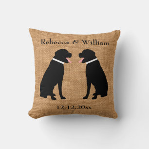 Faux Burlap 2 Black Labradors Personalised Wedding Cushion