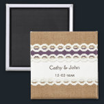 FAUX burlap and lace purple country wedding Magnet<br><div class="desc">FAUX burlap and lace purple country wedding design


Disclaimer: The burlap and lace are not real materials,  these are just printed designs.</div>