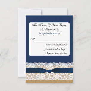 FAUX burlap and lace with navy blue rsvp 3.5 x 5 Card