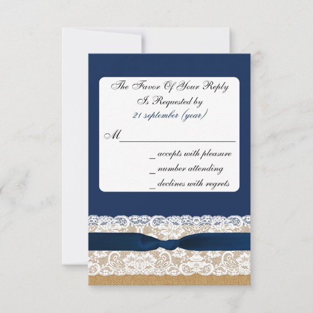 FAUX burlap and lace with navy blue rsvp 3.5 x 5 Card (Front)
