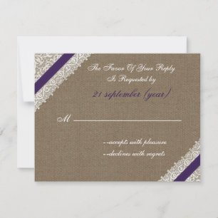 FAUX burlap and lace with purple rsvp Card