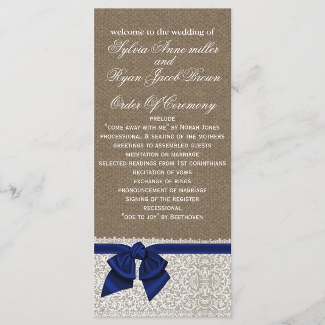 FAUX Burlap and navy blue lace Wedding program Programme (Front)