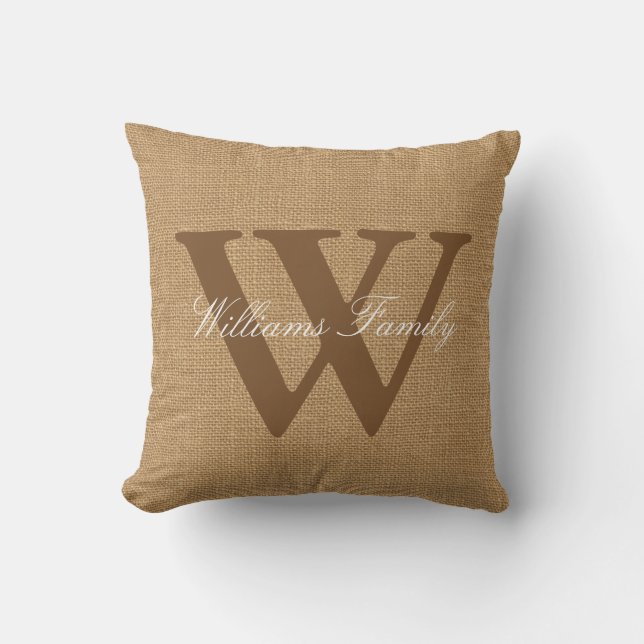 Faux Burlap Family Name Monogram Throw Pillow (Front)