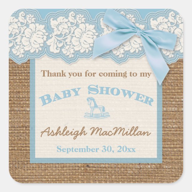 FAUX Burlap Ivory Lace, Blue Baby Shower Sticker (Front)