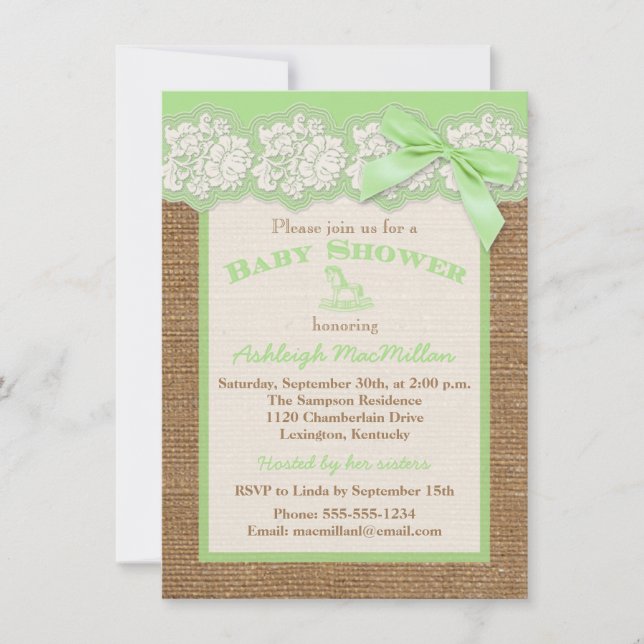 FAUX Burlap Ivory Lace, Green Baby Shower Invite 2 (Front)