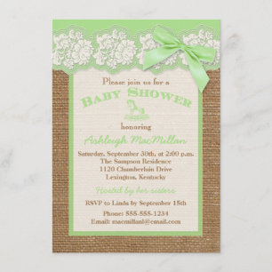 FAUX Burlap Ivory Lace, Green Baby Shower Invite 2
