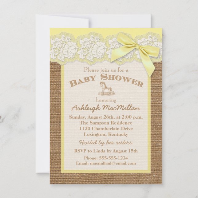 FAUX Burlap Ivory Lace, Yellow Baby Shower Invite (Front)
